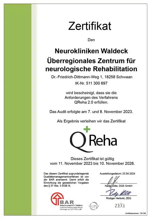 03 PRD QM QR 14 02 138 366 Zertifikat Neurokliniken Waldeck 240423